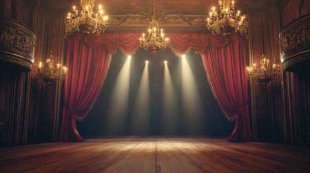 A grand stage with deep red curtains, vintage chandeliers, and polished wooden floors, illuminated by golden spotlights.の素材