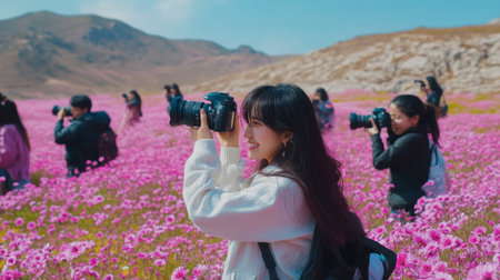 A group of visitors enjoying the breathtaking flower fields at Flora Park, capturing memories with their cameras.の素材