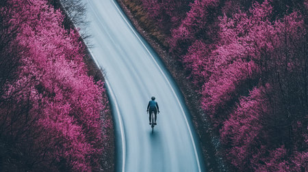 A lone cyclist enjoying a peaceful ride on a hillside road surrounded by vibrant spring blossoms.の素材