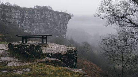 A lone bench on a cliffside overlooking a misty valley below.の素材