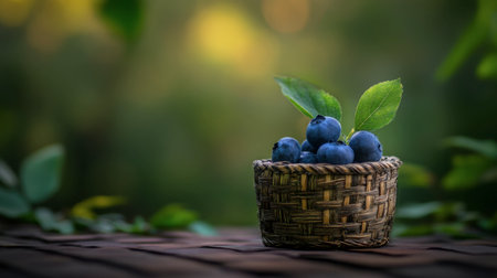 A juicy blueberry rests alone in a small, wooden basket, with soft-focus foliage behind.の素材
