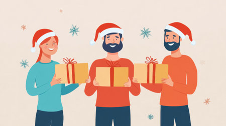 A group of friends wearing Santa hats exchanging gifts at a cozy Christmas party with a cheerful atmosphere.の素材