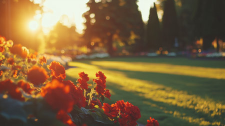 A golden hour shot at Flora Park, highlighting the flower garden's vibrant colors under soft light.の素材