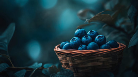 A juicy blueberry rests alone in a small, wooden basket, with soft-focus foliage behind.の素材