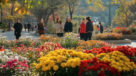 A lively group of friends taking selfies amidst the colorful flower beds of Flora Park.の素材