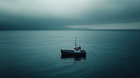 A lonely fishing boat on a calm sea with a vast expanse of water around it.の素材