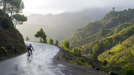A lone cyclist enjoys a tranquil ride on a curving mountain road, surrounded by misty hills and vibrant green forests.の素材