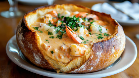 A hearty seafood chowder in a bread bowl, topped with parsley, on a wooden table with a warm, rustic setting.の素材