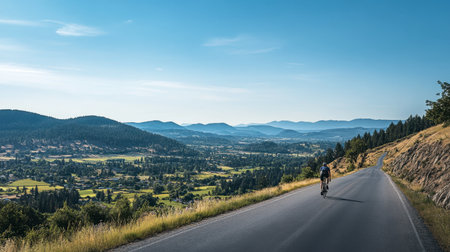 A lone cyclist pedaling along a hilltop road with sweeping views of a vibrant valley below and clear blue skies above.の素材
