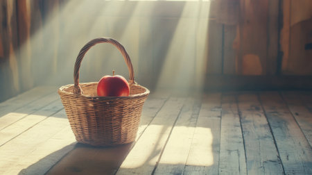 A juicy red apple sitting alone in a wicker basket, surrounded by soft sunlight.の素材