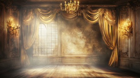 A luxurious vintage stage with ornate curtains, golden light fixtures, and a gleaming wooden surface.の素材