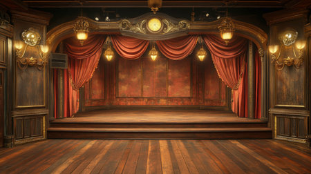 A luxurious vintage stage with ornate curtains, golden light fixtures, and a gleaming wooden surface.の素材