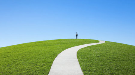 A minimalist path cutting through a grassy field under a bright, cloudless sky.の素材