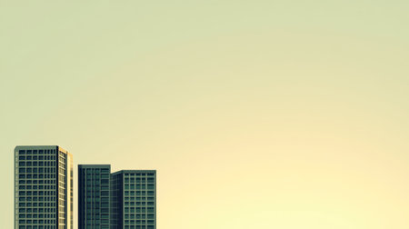 A minimalist cityscape featuring a single skyscraper against a pale sky.の素材
