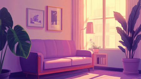 A modern pastel living room with a lavender sofa, light wood accents, and a potted plant near a sunny window.の素材
