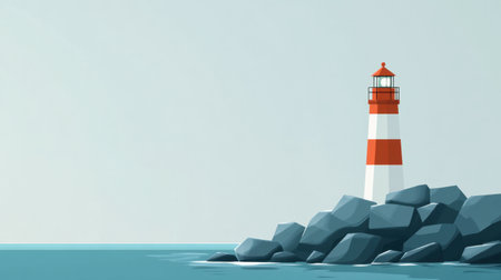 A minimalist coastal scene with a small lighthouse perched on a rocky shore.の素材