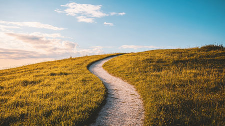 A minimalist path cutting through a grassy field under a bright, cloudless sky.の素材