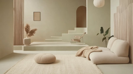 A minimalist pastel living room with pale green decor, soft beige furniture, and a cozy throw blanket.の素材