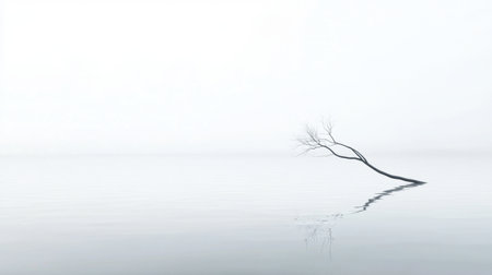 A minimalist riverbank scene with a single branch sticking out of the water.の素材