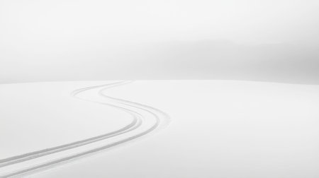 A minimalist winter landscape with a single ski track cutting through the snow.の素材