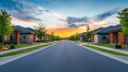A modern suburban road with houses built in symmetry, vibrant greenery, and a cheerful sky overhead.の素材