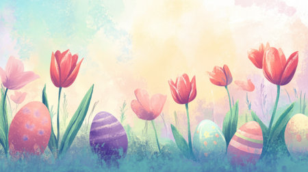 An Easter greeting card design with painted eggs and blooming tulips on a pastel background.の素材