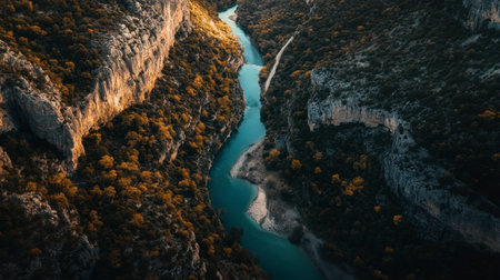 A breathtaking aerial view of the Gorges du Verdon valley, showcasing turquoise waters winding through rugged cliffs in southeastern France.の素材