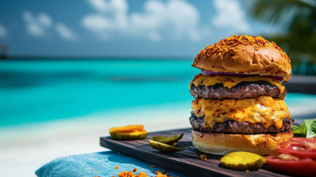 A beautifully stacked spicy cheeseburger, garnished with chili flakes, placed on a beach blanket near turquoise waters.の素材