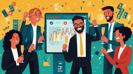 A CEO smiles at a screen showing growth charts, while the team celebrates with champagne flutes.の素材