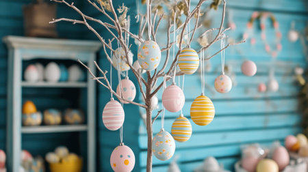 A decorated Easter egg tree with ornaments hanging from its branches.の素材