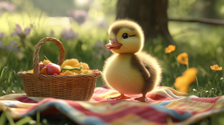A content duckling exploring a picnic spot with colorful blankets and food baskets.の素材