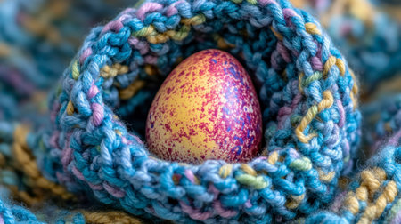 A close-up of a beautifully dyed egg placed in a handmade crochet egg holder.の素材