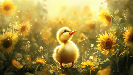 A duckling standing in a sunflower field, gazing up at the towering flowers.の素材