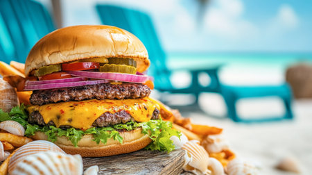 A close-up of a spicy cheeseburger with colorful toppings, framed by seashells and beach chairs in the background.の素材