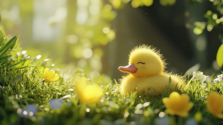 A content duckling basking in the sun on a soft bed of grass.の素材