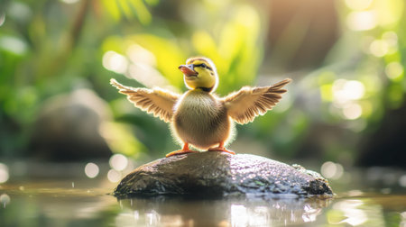 A duckling balancing on a rock in a pond with its wings stretched out.の素材
