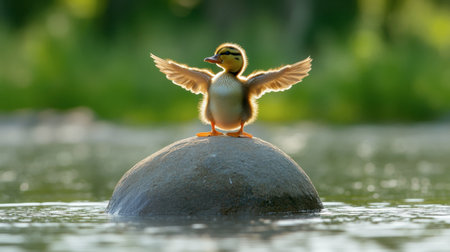 A duckling balancing on a rock in a pond with its wings stretched out.の素材