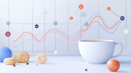 A digital dashboard featuring line graphs and statistics during a team celebration with coffee and treats.の素材