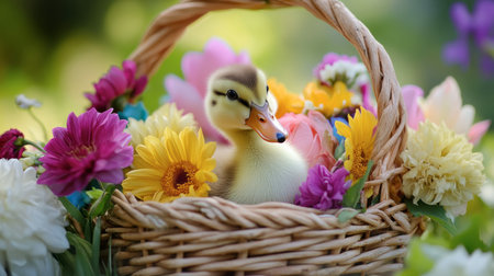 A cute duckling poking its head out of a colorful basket filled with flowers.の素材