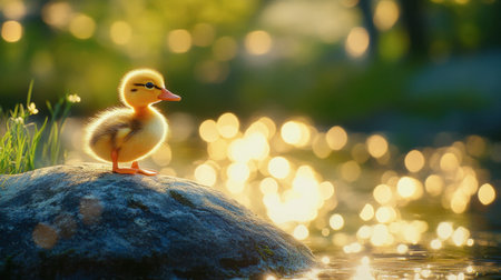 A duckling enjoying a sunny day, standing on a large rock by a shimmering water body.の素材