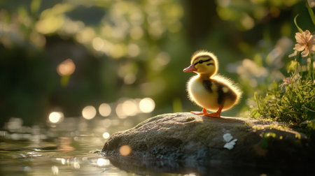 A duckling enjoying a sunny day, standing on a large rock by a shimmering water body.の素材
