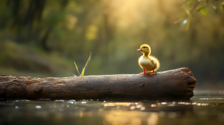A duckling standing proudly atop a log floating in a calm river.の素材