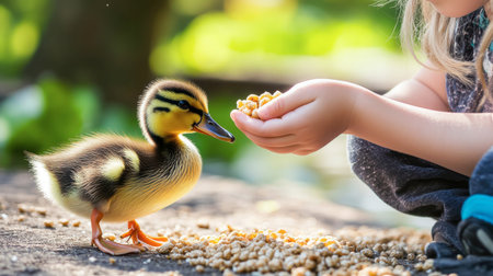 A happy duckling being fed grains by a childs hand in a sunny park.の素材