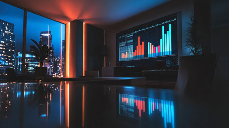 A modern workspace with a large screen showing colorful bar charts during a team's success party.の素材