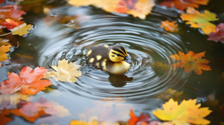 A duckling swimming in a pond surrounded by colorful autumn leaves.の素材