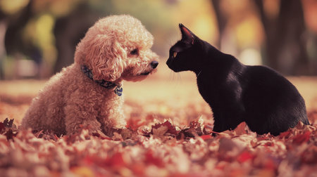 A fluffy dog and a sleek black cat sniffing a pile of autumn leaves in a park.の素材