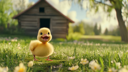 A happy duckling in a serene countryside setting with a small barn in the background.の素材