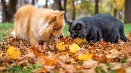 A fluffy dog and a sleek black cat sniffing a pile of autumn leaves in a park.の素材