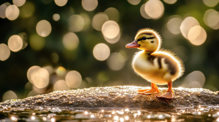 A lively duckling standing on one foot in a playful pose near a fountain.の素材