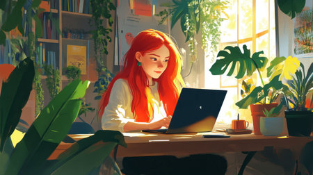 A modern coworking office featuring a red-haired woman engaged with her laptop, surrounded by bright and cheerful decor.の素材